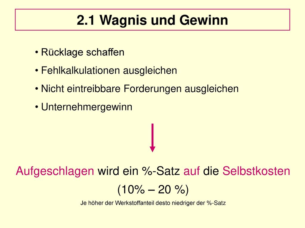 2.1 Wagnis und Gewinn Rücklage schaffen. Fehlkalkulationen ausgleichen. Nicht eintreibbare Forderungen ausgleichen.