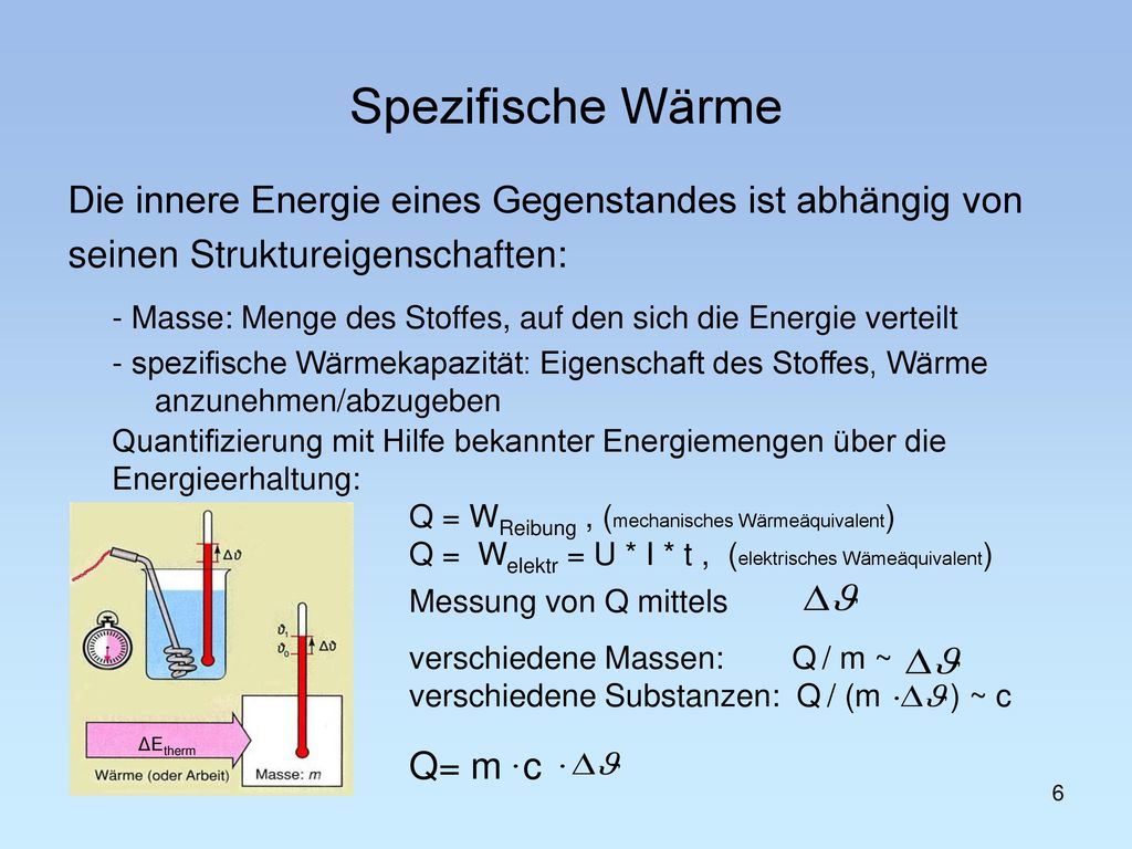 Spezifische Wärme Die innere Energie eines Gegenstandes ist abhängig von. seinen Struktureigenschaften:
