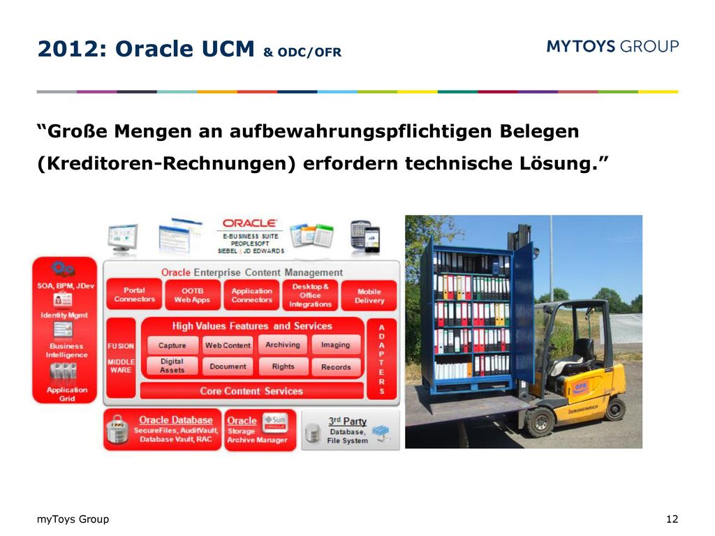 2012: Oracle UCM & ODC/OFR Große Mengen an aufbewahrungspflichtigen Belegen (Kreditoren-Rechnungen) erfordern technische Lösung.