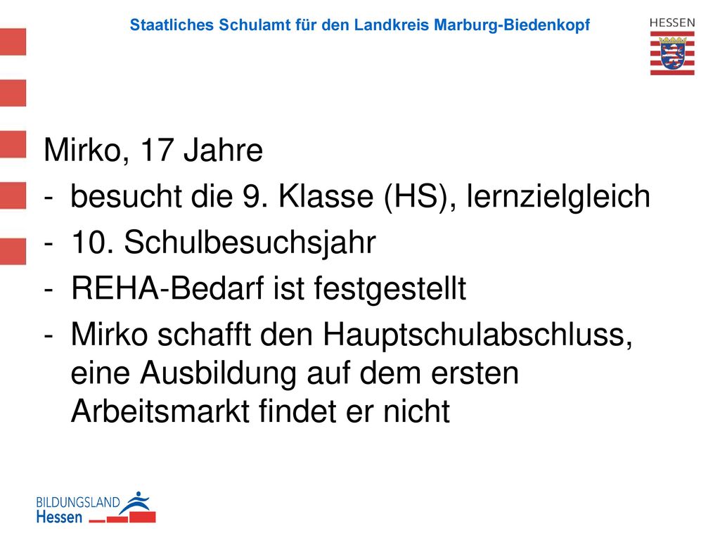 Mirko, 17 Jahre besucht die 9. Klasse (HS), lernzielgleich. 10. Schulbesuchsjahr. REHA-Bedarf ist festgestellt.