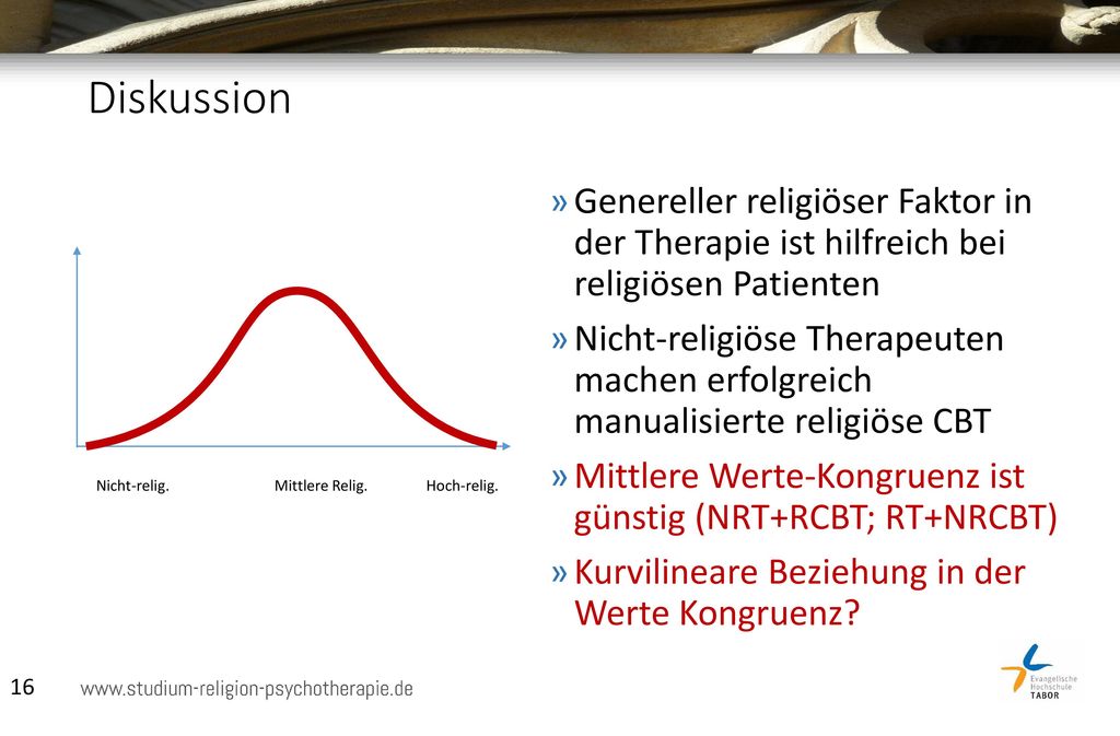 Diskussion Genereller religiöser Faktor in der Therapie ist hilfreich bei religiösen Patienten.