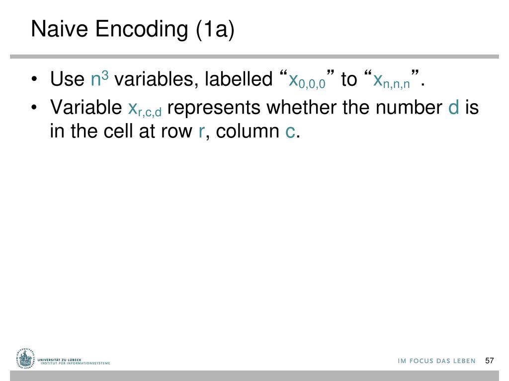 Naive Encoding (1a) Use n3 variables, labelled x0,0,0 to xn,n,n .