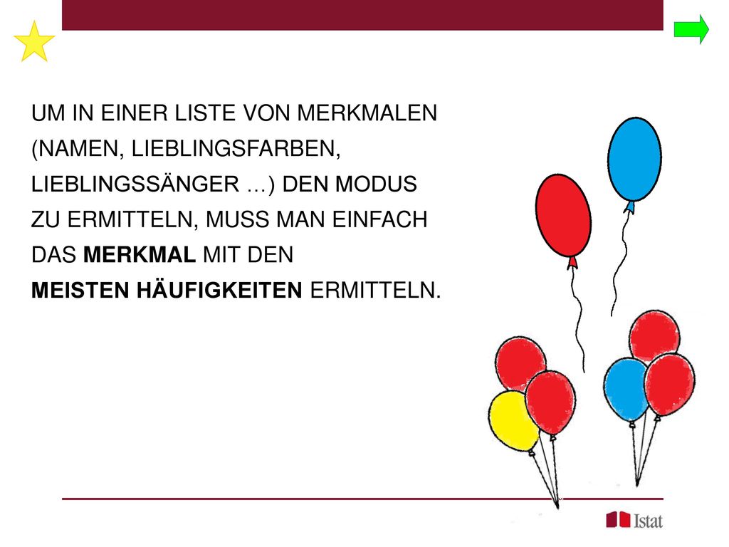 UM IN EINER LISTE VON MERKMALEN (NAMEN, LIEBLINGSFARBEN, LIEBLINGSSÄNGER …) DEN MODUS ZU ERMITTELN, MUSS MAN EINFACH DAS MERKMAL MIT DEN