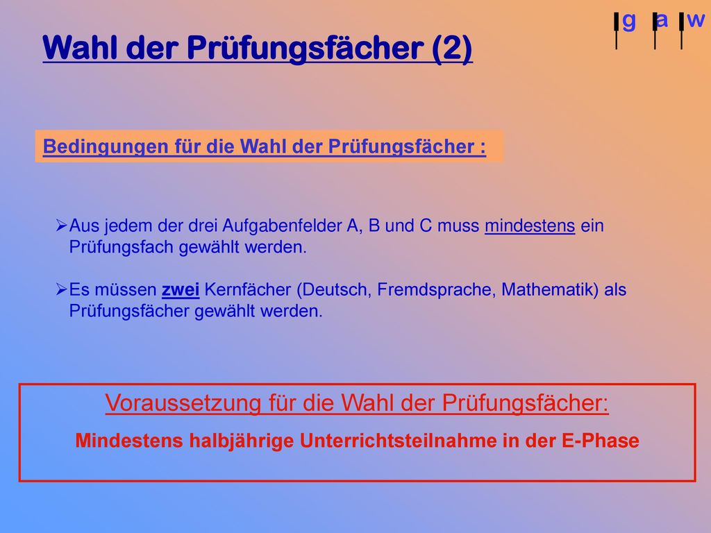 A B C Unterricht in der Q-Phase g a w Aufgabenfelder
