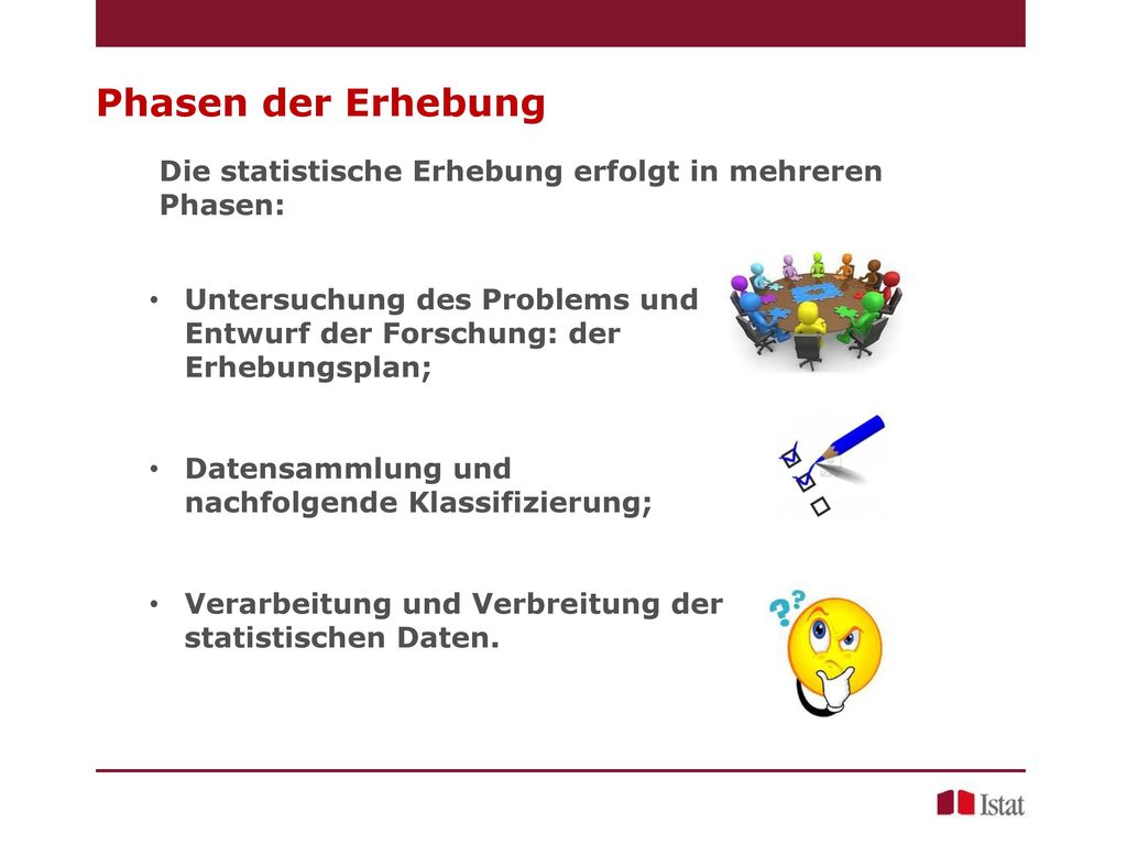 Phasen der Erhebung Die statistische Erhebung erfolgt in mehreren Phasen: Untersuchung des Problems und Entwurf der Forschung: der Erhebungsplan;