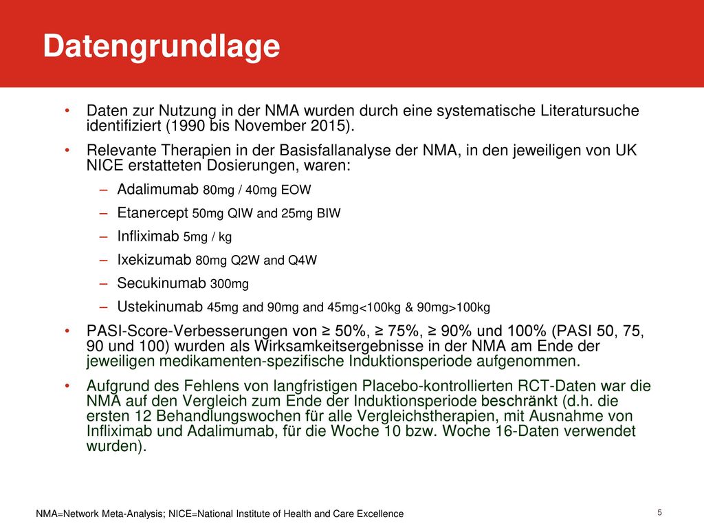 Datengrundlage Daten zur Nutzung in der NMA wurden durch eine systematische Literatursuche identifiziert (1990 bis November 2015).