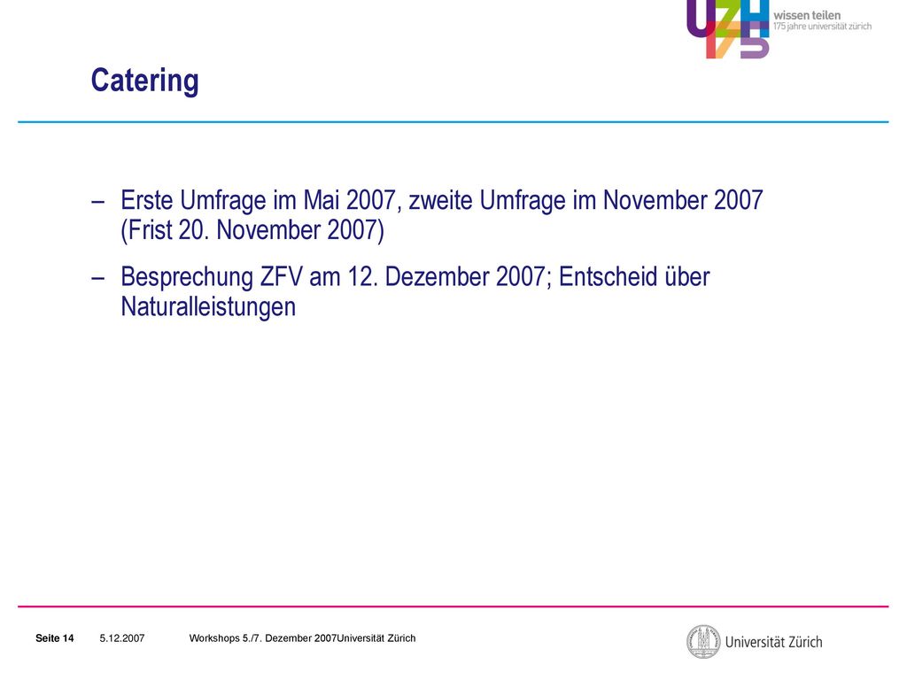 Catering Erste Umfrage im Mai 2007, zweite Umfrage im November 2007 (Frist 20. November 2007)