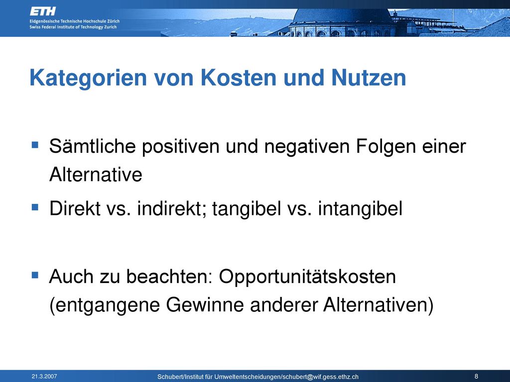 Kategorien von Kosten und Nutzen
