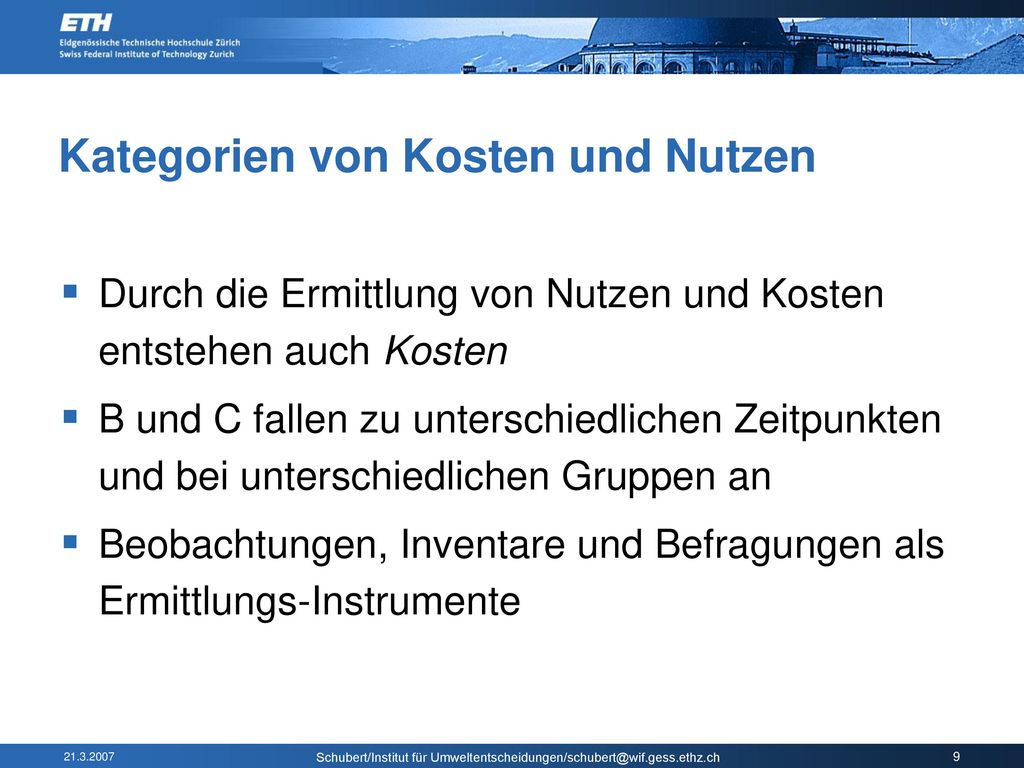 Kategorien von Kosten und Nutzen