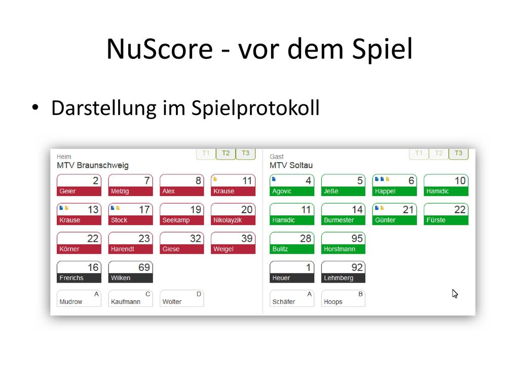 NuScore - vor dem Spiel Darstellung im Spielprotokoll