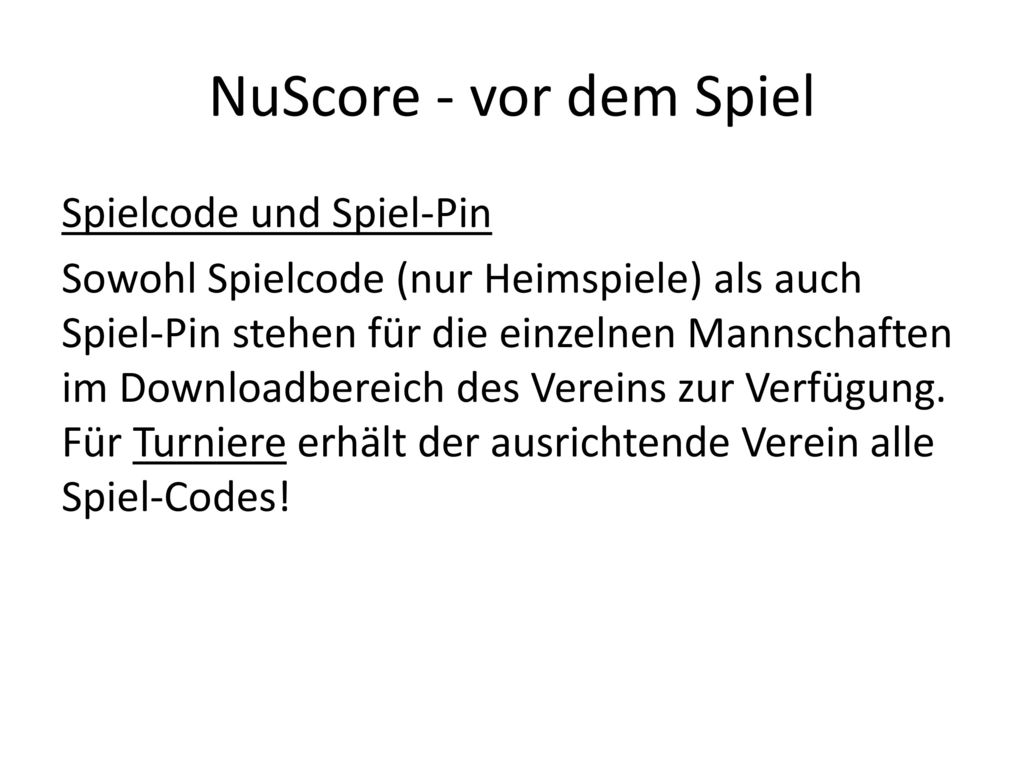 NuScore - vor dem Spiel Spielcode und Spiel-Pin