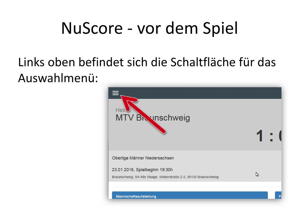 NuScore - vor dem Spiel Links oben befindet sich die Schaltfläche für das Auswahlmenü: