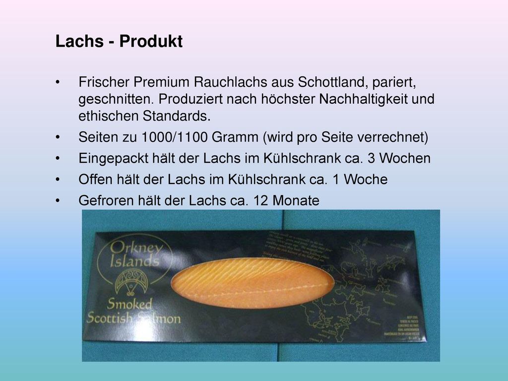 Lachs - Produkt Frischer Premium Rauchlachs aus Schottland, pariert, geschnitten. Produziert nach höchster Nachhaltigkeit und ethischen Standards.
