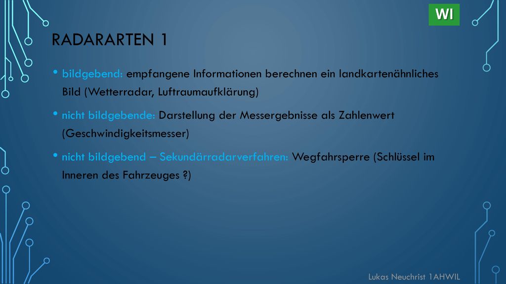 Radararten 1 bildgebend: empfangene Informationen berechnen ein landkartenähnliches Bild (Wetterradar, Luftraumaufklärung)