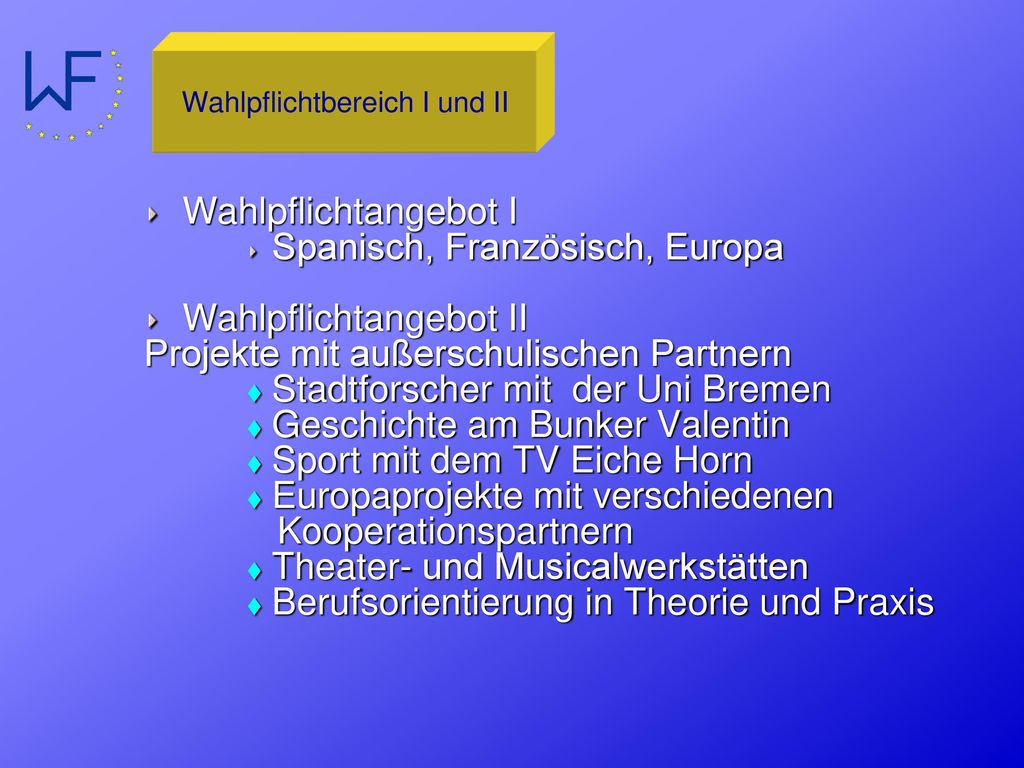 Wahlpflichtangebot I Spanisch, Französisch, Europa. Wahlpflichtangebot II. Projekte mit außerschulischen Partnern.
