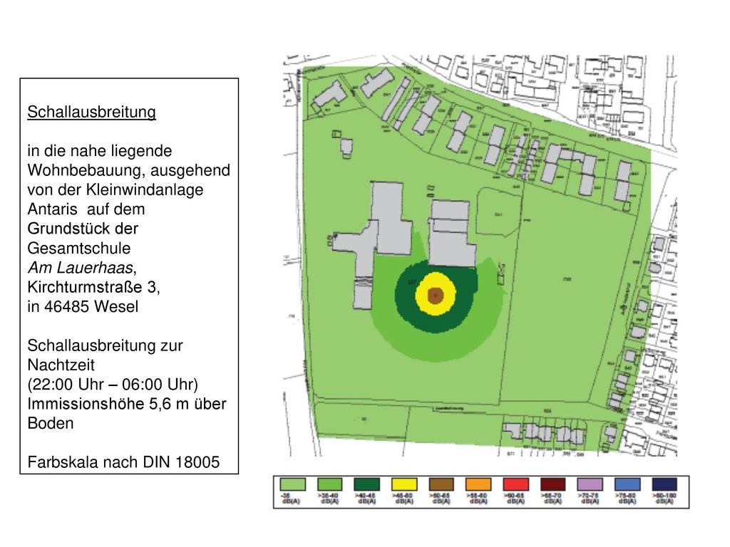 Schallausbreitung in die nahe liegende Wohnbebauung, ausgehend von der Kleinwindanlage Antaris auf dem.