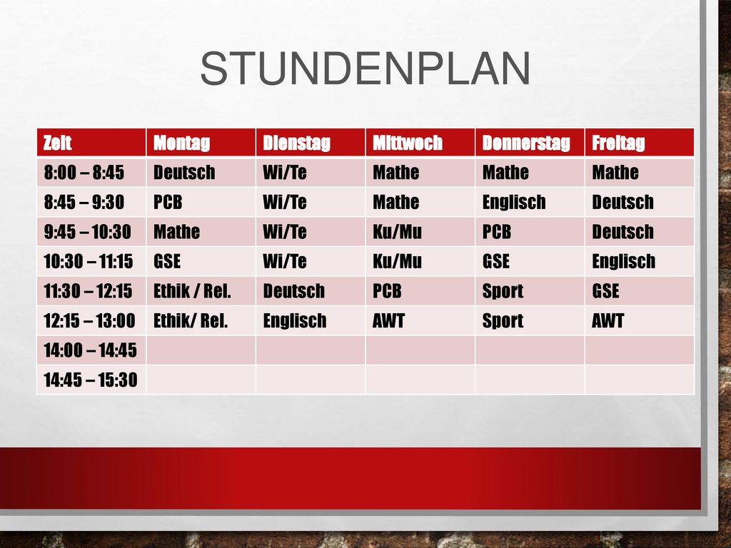 Stundenplan Zeit Montag Dienstag Mittwoch Donnerstag Freitag