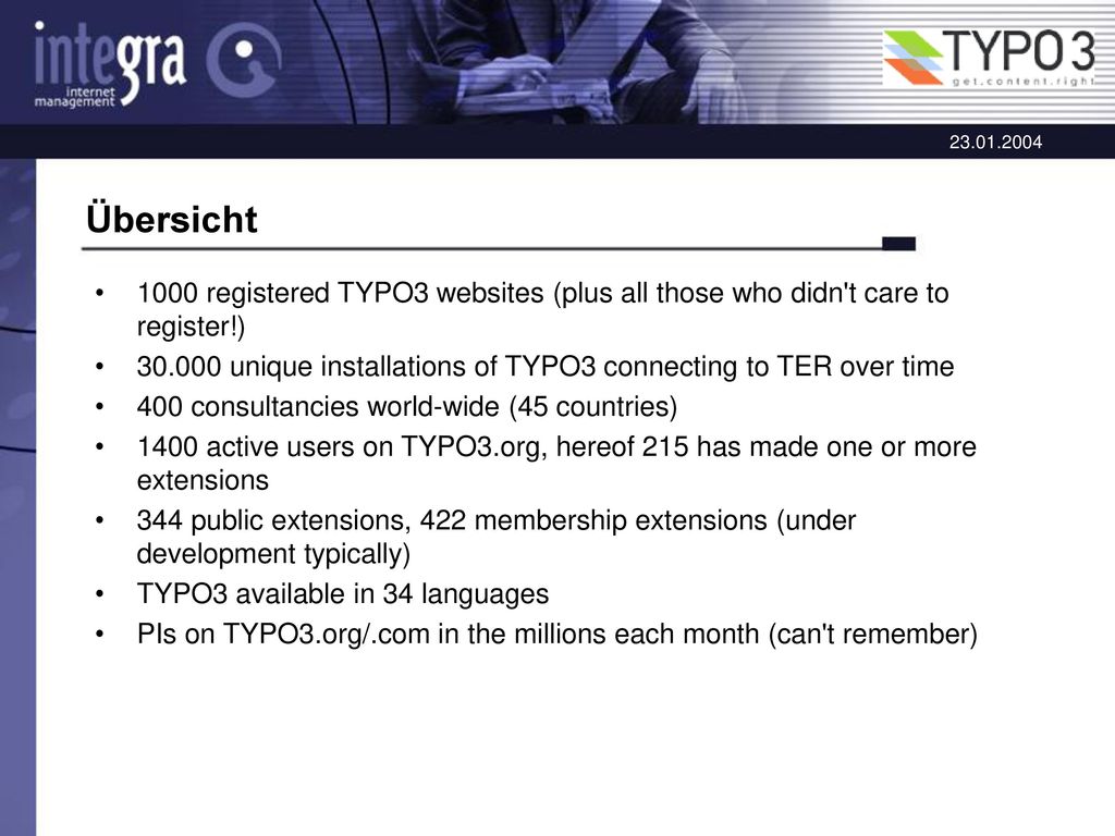 Übersicht 1000 registered TYPO3 websites (plus all those who didn t care to register!)