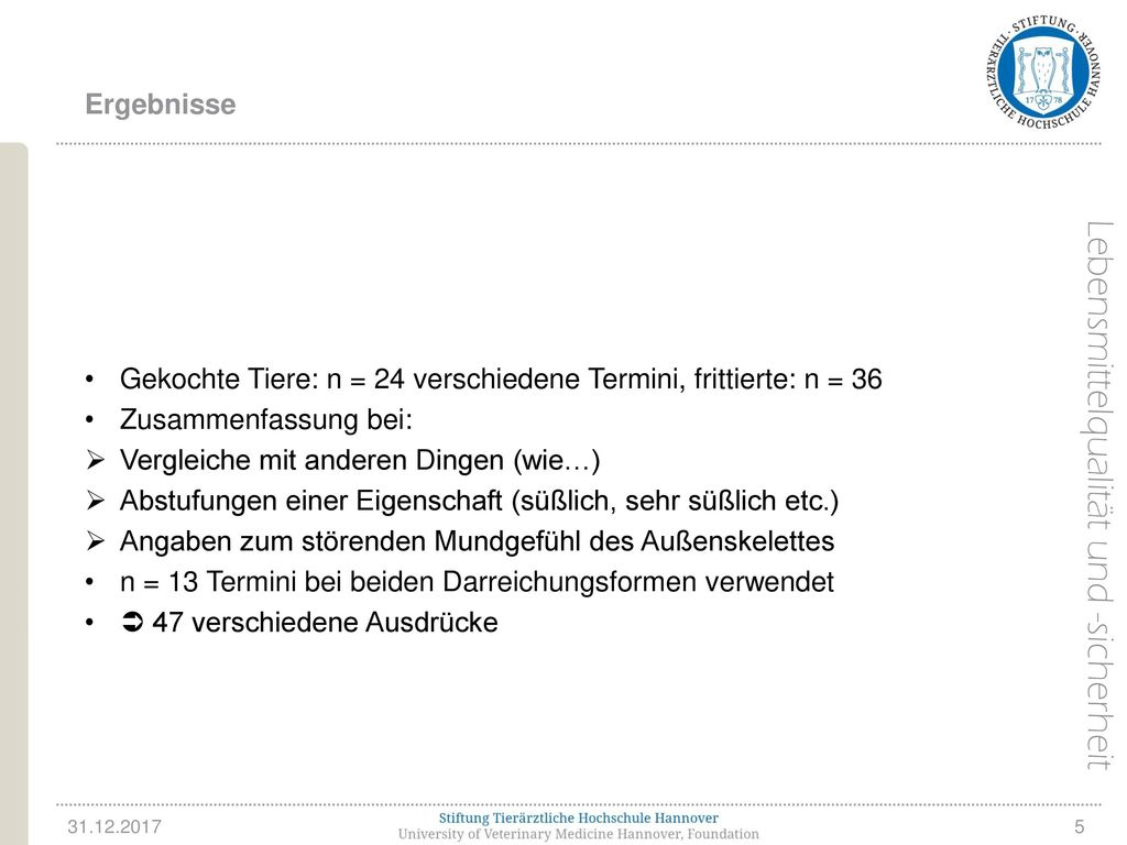 Gekochte Tiere: n = 24 verschiedene Termini, frittierte: n = 36