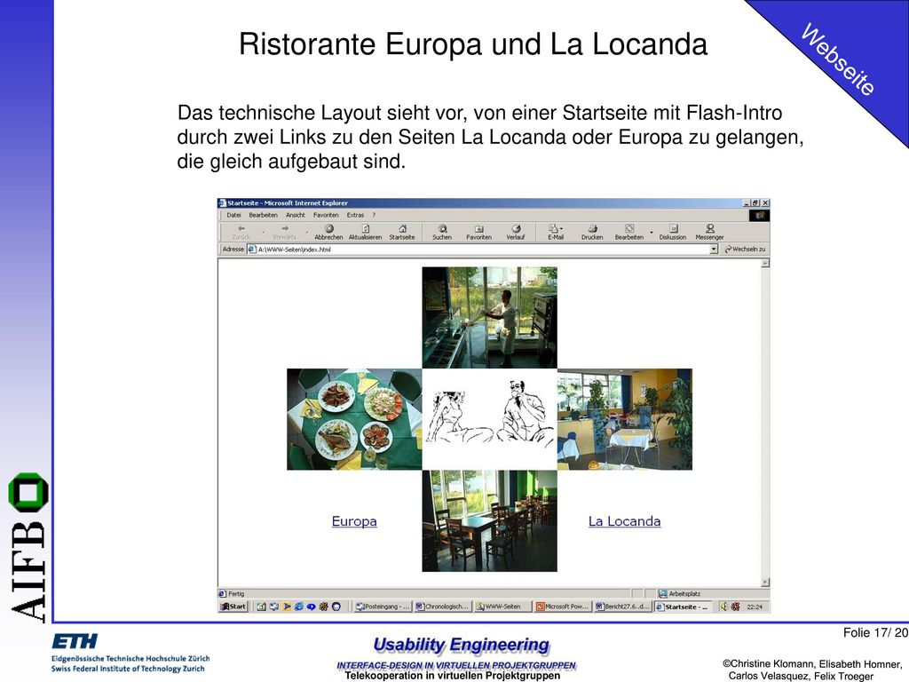 Webseite Das technische Layout sieht vor, von einer Startseite mit Flash-Intro. durch zwei Links zu den Seiten La Locanda oder Europa zu gelangen,