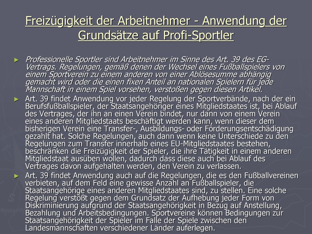 Freizügigkeit der Arbeitnehmer - Anwendung der Grundsätze auf Profi-Sportler