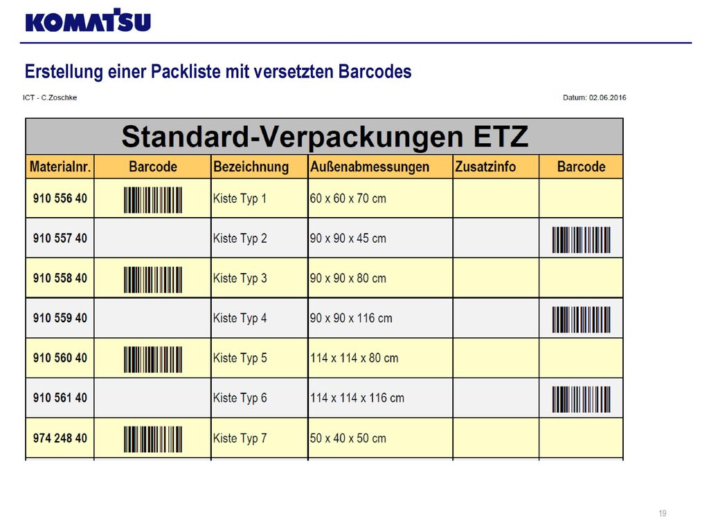 Erstellung einer Packliste mit versetzten Barcodes