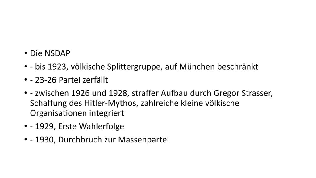 Die NSDAP - bis 1923, völkische Splittergruppe, auf München beschränkt Partei zerfällt.