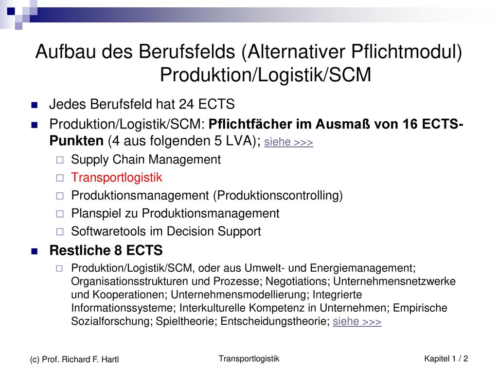 Aufbau des Berufsfelds (Alternativer Pflichtmodul) Produktion/Logistik/SCM