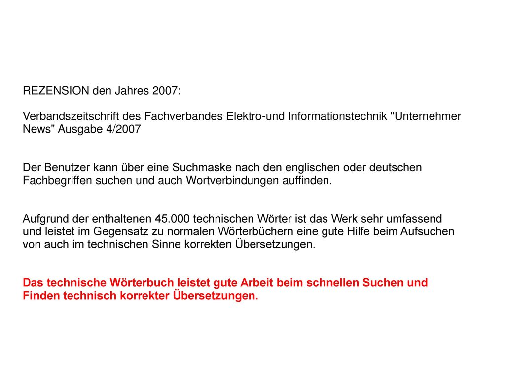 REZENSION den Jahres 2007: Verbandszeitschrift des Fachverbandes Elektro-und Informationstechnik Unternehmer News Ausgabe 4/2007.