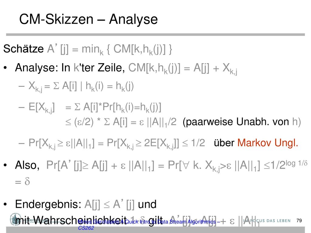 CM-Skizzen – Analyse Schätze A’[j] = mink { CM[k,hk(j)] }