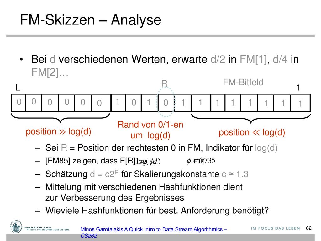 FM-Skizzen – Analyse Bei d verschiedenen Werten, erwarte d/2 in FM[1], d/4 in FM[2]… Sei R = Position der rechtesten 0 in FM, Indikator für log(d)
