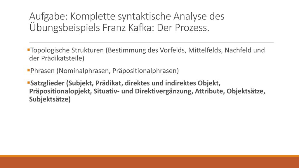 Aufgabe: Komplette syntaktische Analyse des Übungsbeispiels Franz Kafka: Der Prozess.