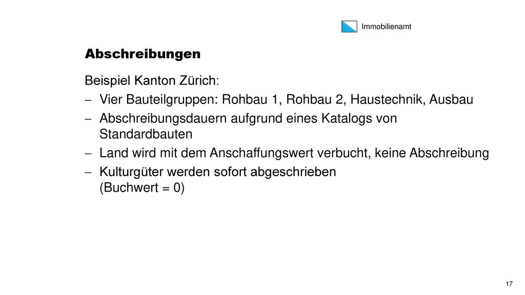 Abschreibungen Beispiel Kanton Zürich: Vier Bauteilgruppen: Rohbau 1, Rohbau 2, Haustechnik, Ausbau.