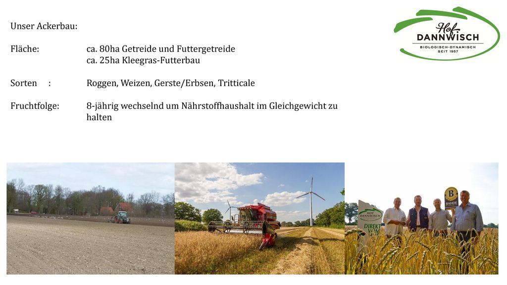 Unser Ackerbau: Fläche: ca. 80ha Getreide und Futtergetreide. ca. 25ha Kleegras-Futterbau. Sorten : Roggen, Weizen, Gerste/Erbsen, Tritticale.