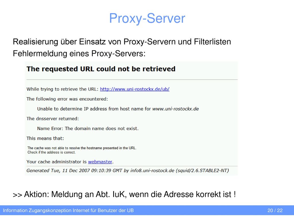 Proxy-Server Realisierung über Einsatz von Proxy-Servern und Filterlisten. Fehlermeldung eines Proxy-Servers: