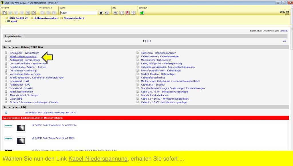 Wählen Sie nun den Link Kabel-Niederspannung, erhalten Sie sofort ...