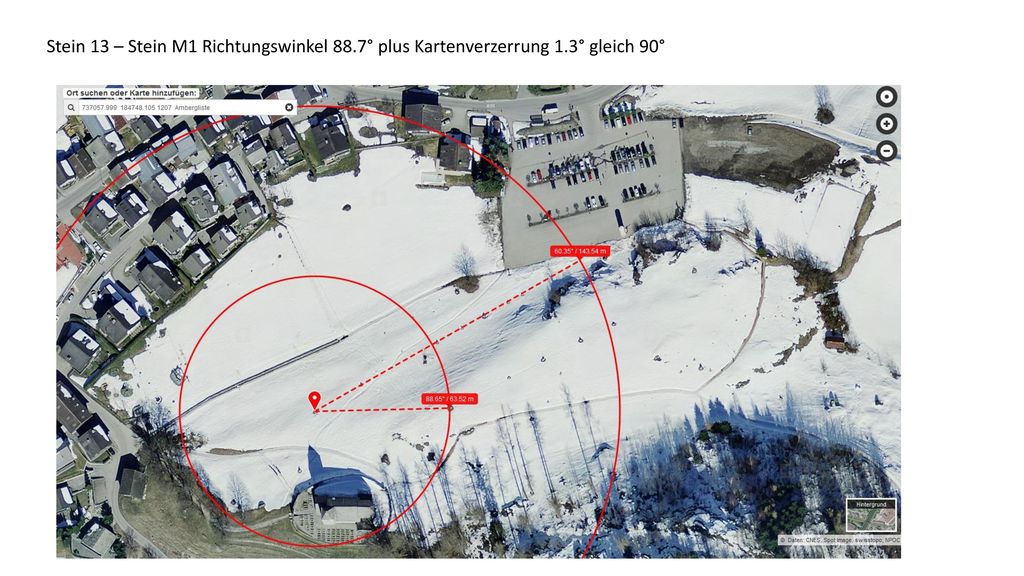 Stein 13 – Stein M1 Richtungswinkel 88. 7° plus Kartenverzerrung 1