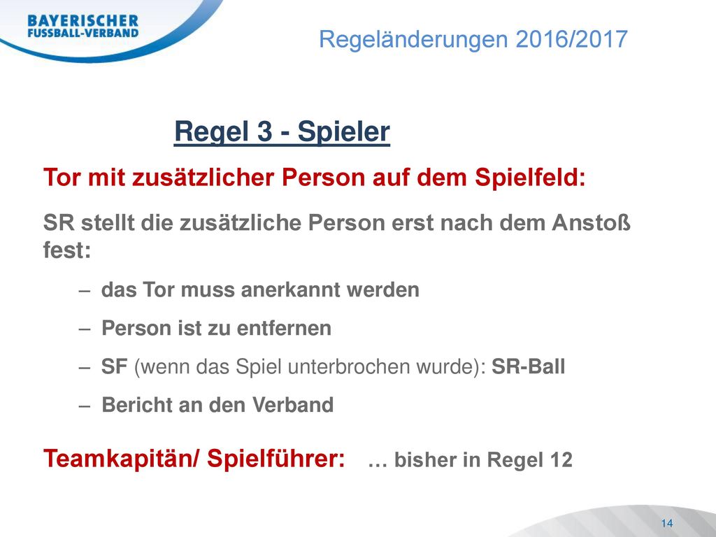Regel 3 - Spieler Tor mit zusätzlicher Person auf dem Spielfeld: SR stellt die zusätzliche Person erst nach dem Anstoß fest:
