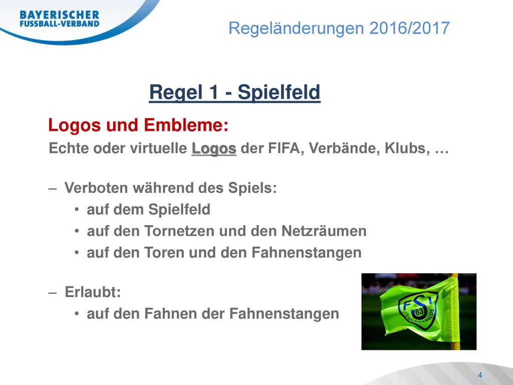 Regel 1 - Spielfeld Logos und Embleme: Echte oder virtuelle Logos der FIFA, Verbände, Klubs, … Verboten während des Spiels: