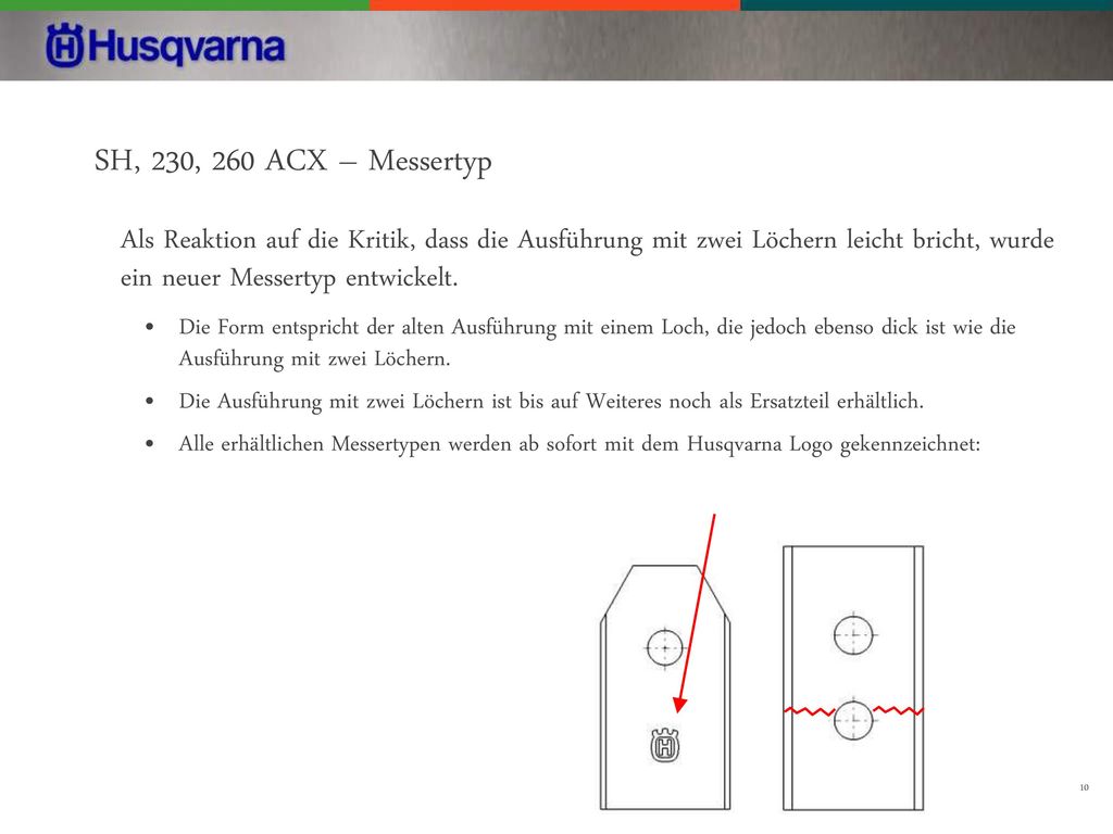 SH, 230, 260 ACX – Messertyp Als Reaktion auf die Kritik, dass die Ausführung mit zwei Löchern leicht bricht, wurde ein neuer Messertyp entwickelt.