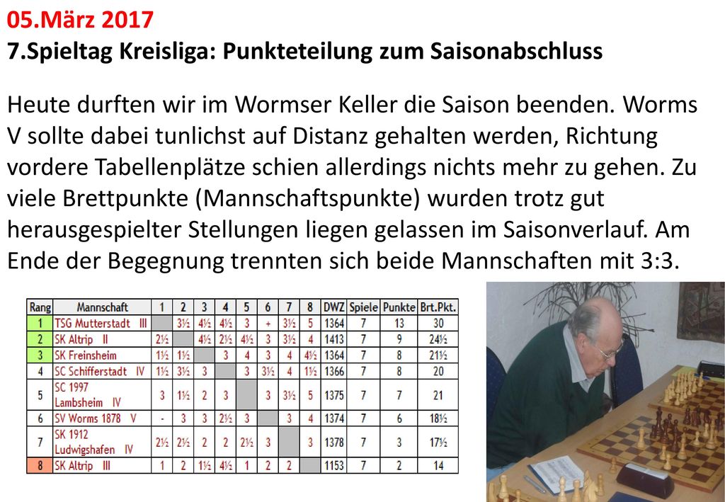 05.März Spieltag Kreisliga: Punkteteilung zum Saisonabschluss.