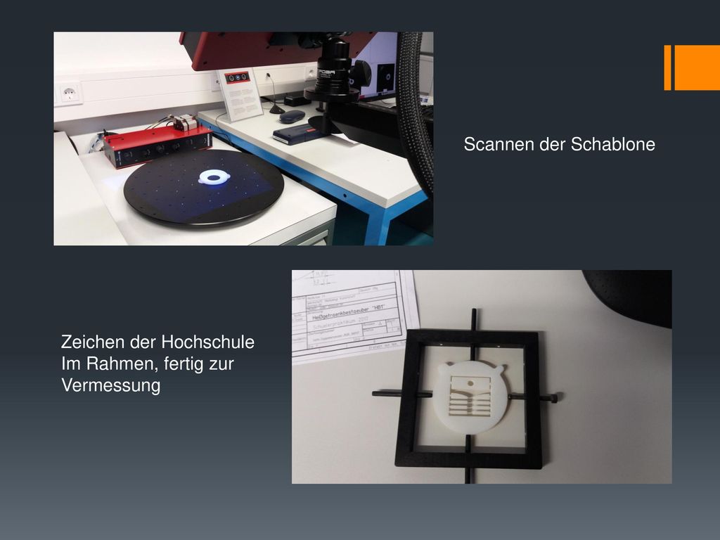 Scannen der Schablone Zeichen der Hochschule Im Rahmen, fertig zur Vermessung