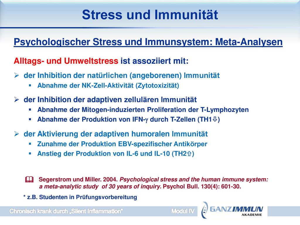 Stress und Immunität Psychologischer Stress und Immunsystem: Meta-Analysen. der Inhibition der natürlichen (angeborenen) Immunität.
