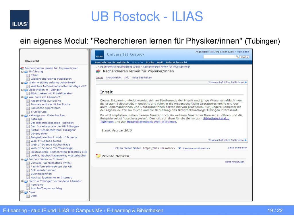 UB Rostock - ILIAS ein eigenes Modul: Recherchieren lernen für Physiker/innen (Tübingen)