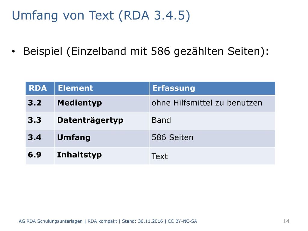 Umfang von Text (RDA 3.4.5) Beispiel (Einzelband mit 586 gezählten Seiten): RDA. Element. Erfassung.
