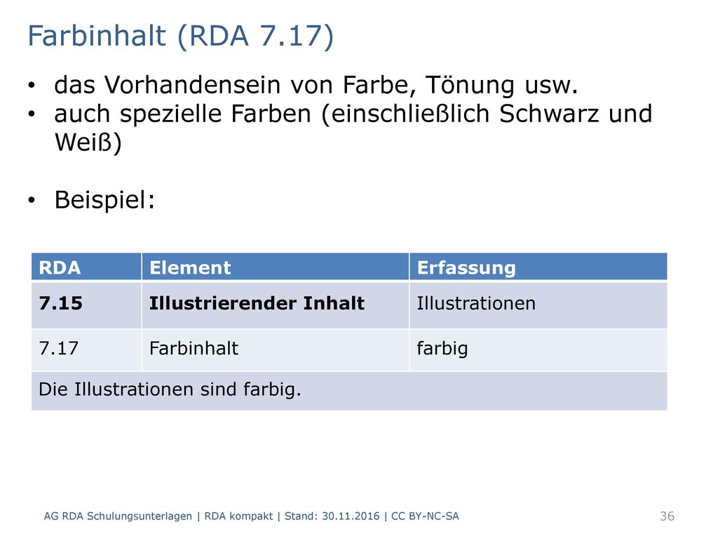 Farbinhalt (RDA 7.17) das Vorhandensein von Farbe, Tönung usw.