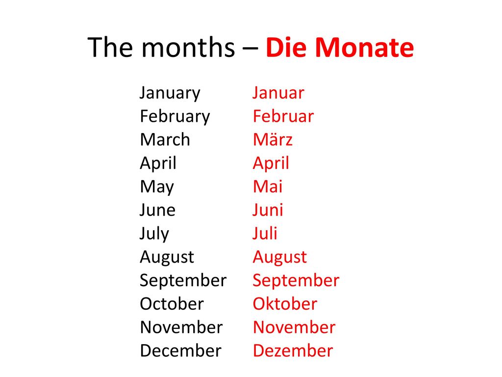 The months – Die Monate January Januar February Februar March März