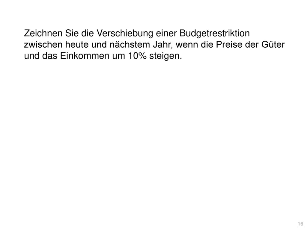 Zeichnen Sie die Verschiebung einer Budgetrestriktion zwischen heute und nächstem Jahr, wenn die Preise der Güter und das Einkommen um 10% steigen.