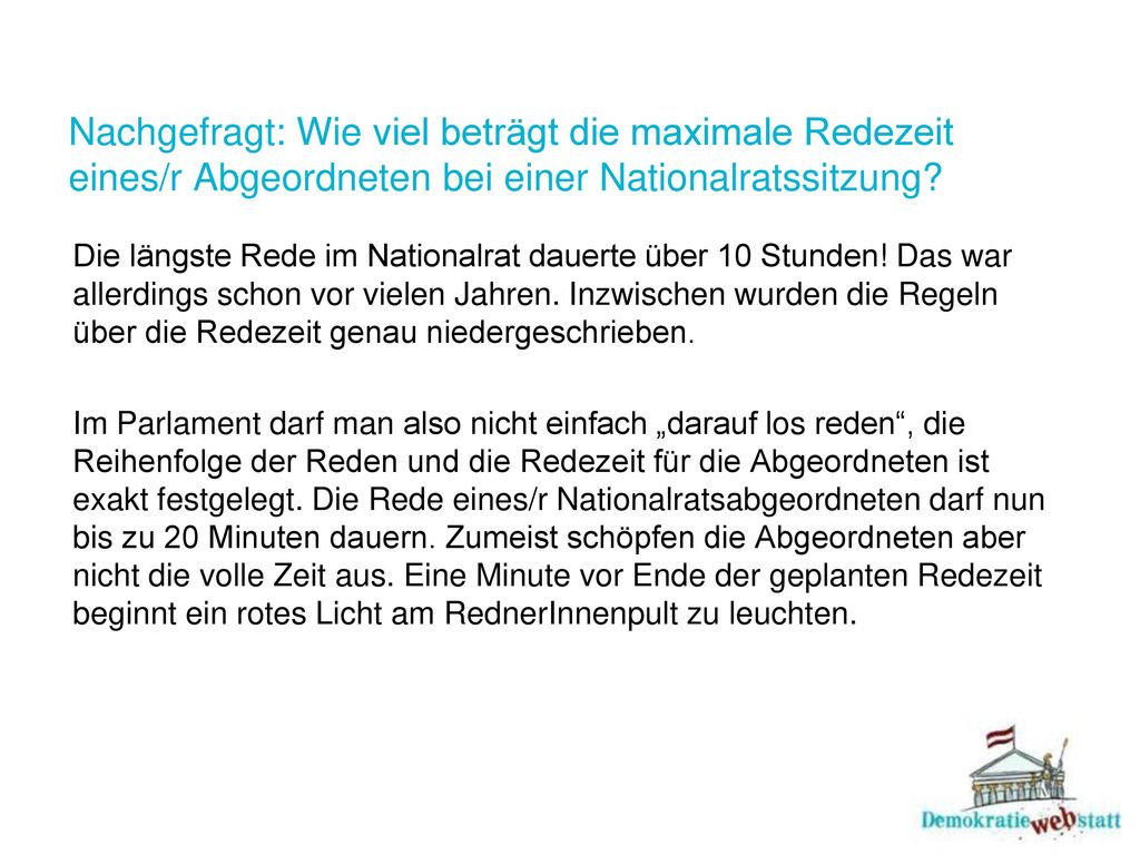 Nachgefragt: Wie viel beträgt die maximale Redezeit eines/r Abgeordneten bei einer Nationalratssitzung