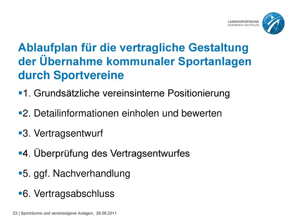 Ablaufplan für die vertragliche Gestaltung der Übernahme kommunaler Sportanlagen durch Sportvereine